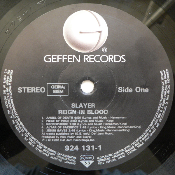 Slayer — Reign in Blood, released on Geffen Records (7 October 1986)